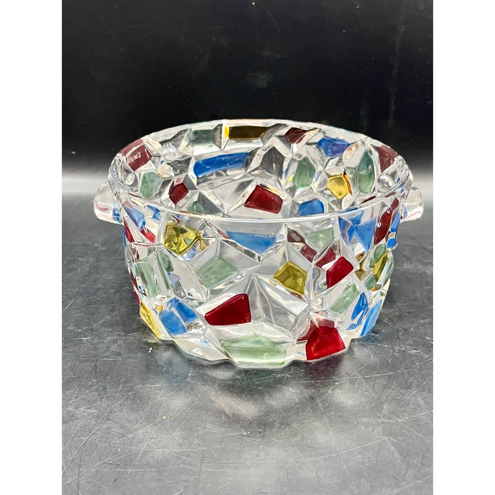 Vtg Heavy Crystal Mosaic Ice‎ Bucket Candy Dish Bowl 2 Handles Red, Green, Blue